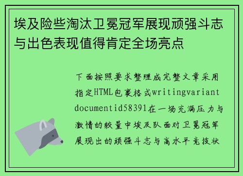 埃及险些淘汰卫冕冠军展现顽强斗志与出色表现值得肯定全场亮点